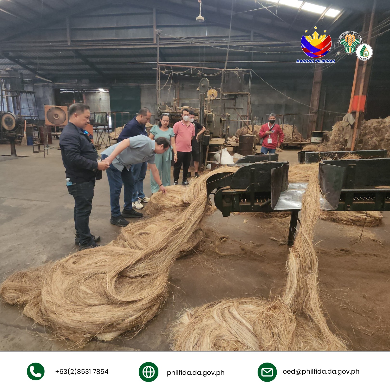 A group of people inspect a fiber