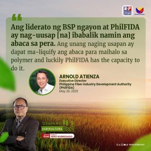 Ibinalita ni PhilFIDA Executive Director Arnold Atienza na naguusap na ang kanilang ahensiya at ang Bangko Sentral ng Pilipinas upang maibalik ang paggamit ng abaca fiber sa ating mga pera.