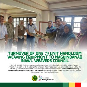 On July 3, 2025, the Maguindanao Inawl Weavers Council, headed by its President Bai Albaya Wampa, officially received 𝗼𝗻𝗲 (𝟭) 𝘂𝗻𝗶𝘁 𝗰𝗼𝗺𝗽𝗹𝗲𝘁𝗲 𝗵𝗮𝗻𝗱𝗹𝗼𝗼𝗺 𝘄𝗲𝗮𝘃𝗶𝗻𝗴 𝗲𝗾𝘂𝗶𝗽𝗺𝗲𝗻𝘁 in a ceremonial turnover held at the MTIT Maguindanao Provincial Office.